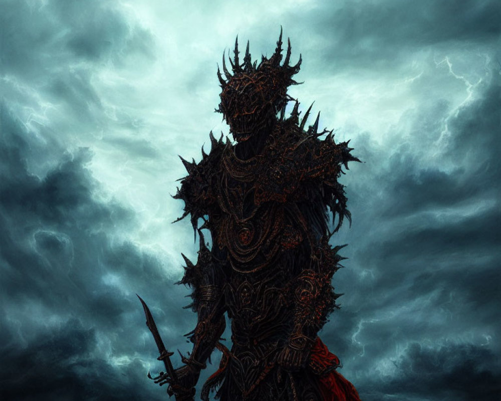 Fantasy armored figure with spear under tumultuous sky