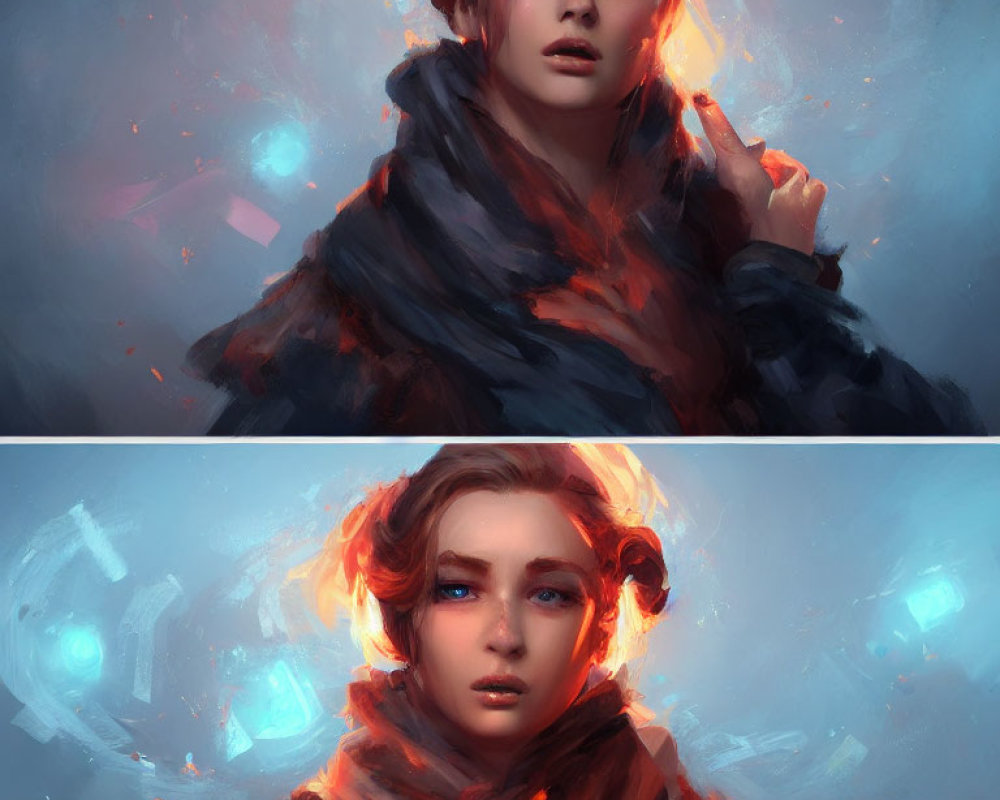 Digital painting of person with blue eyes & red hair in dark cloak with ethereal blue glow and em