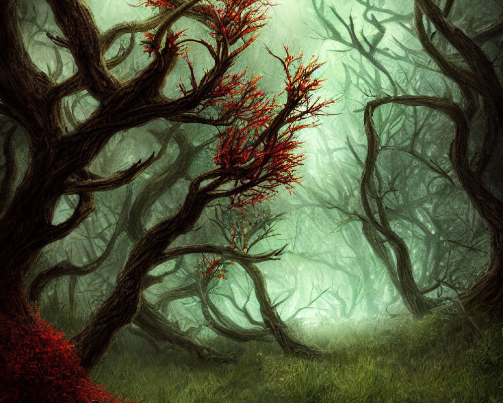 Mystical forest with gnarled trees, red foliage, and foggy background