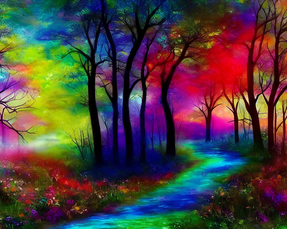 Vivid digital painting: Mystical forest path in rainbow colors