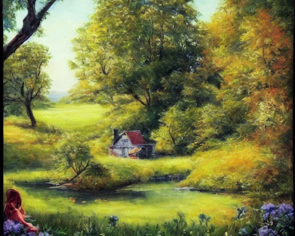 Tranquil painting of girl by pond with lush greenery and quaint house