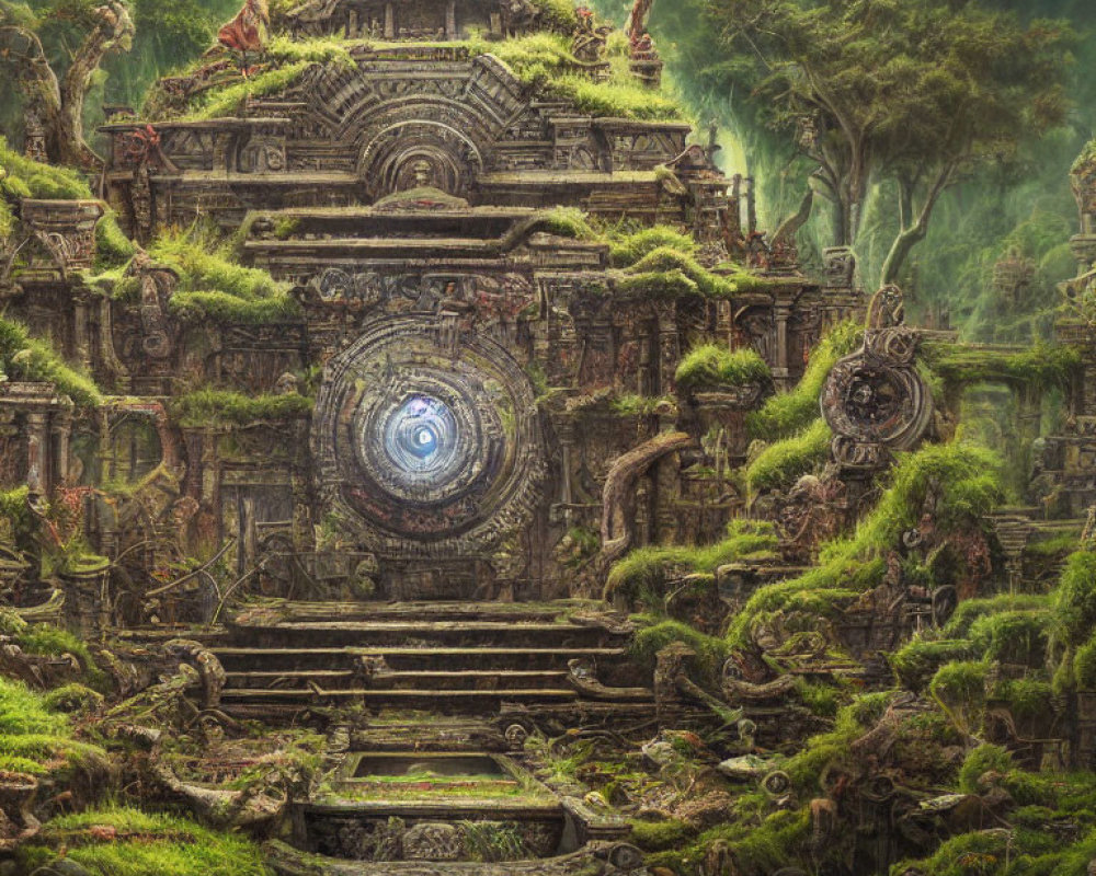 Mystic temple with moss, stone carvings, and luminous portal