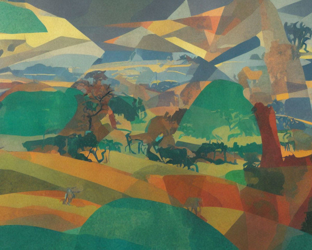 Geometric landscape painting with vibrant colors, animals, trees, and hazy sky