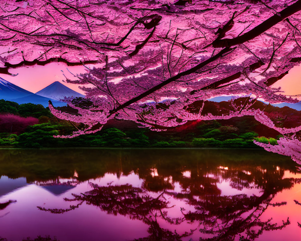 Pink Cherry Blossoms Surround Tranquil Lake at Sunset with Mount Fuji Silhouette