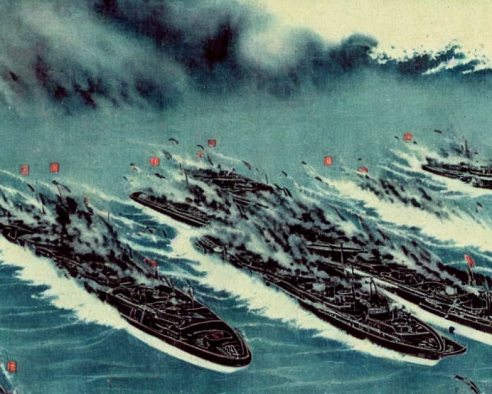 Vintage Japanese Artwork: Fleet of Ships in Turbulent Ocean