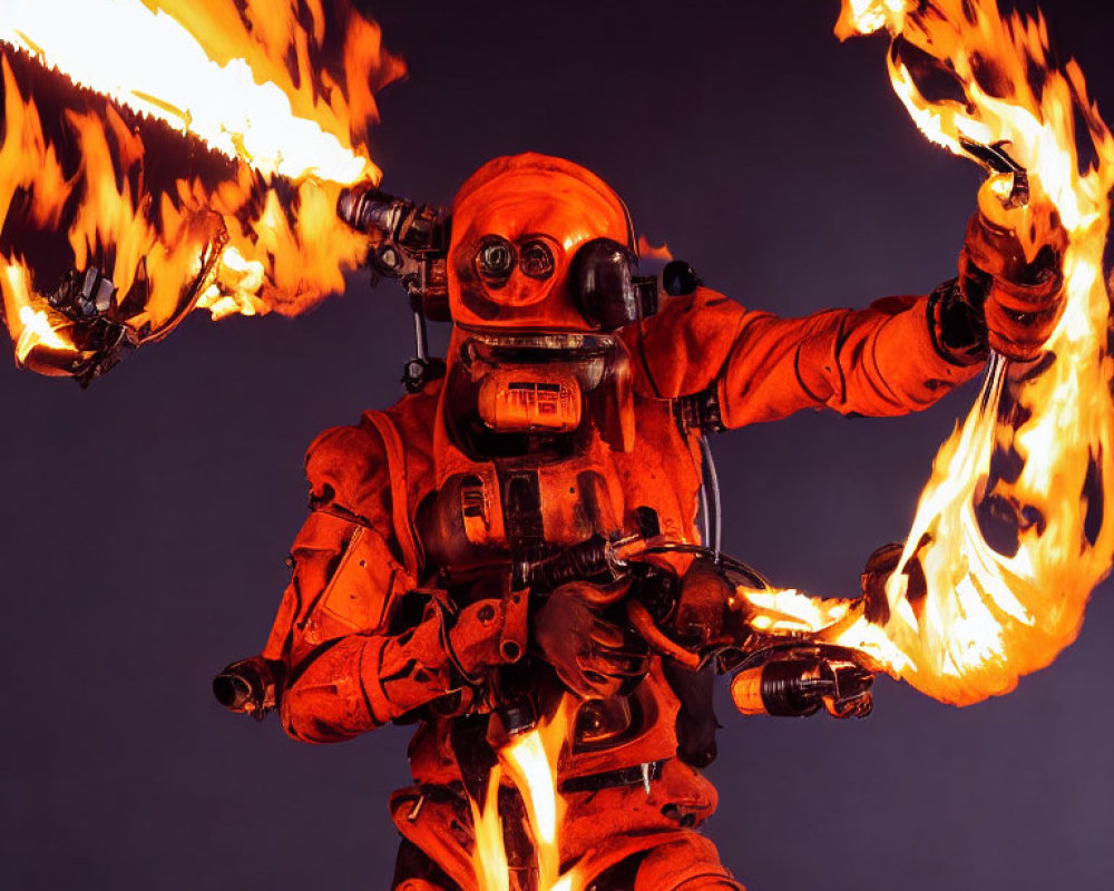 Person in protective suit manipulates fire streams on dark background