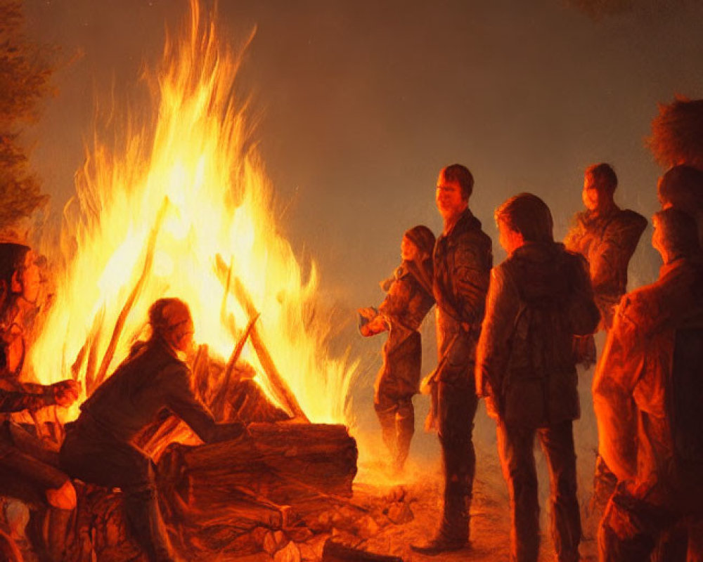 Group of People Around Large Night Campfire