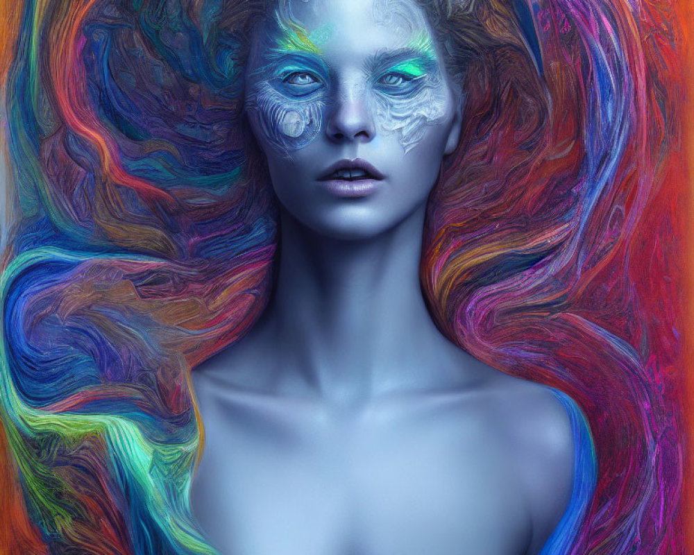 Colorful portrait of a person with blue skin and unique hair and eye patterns