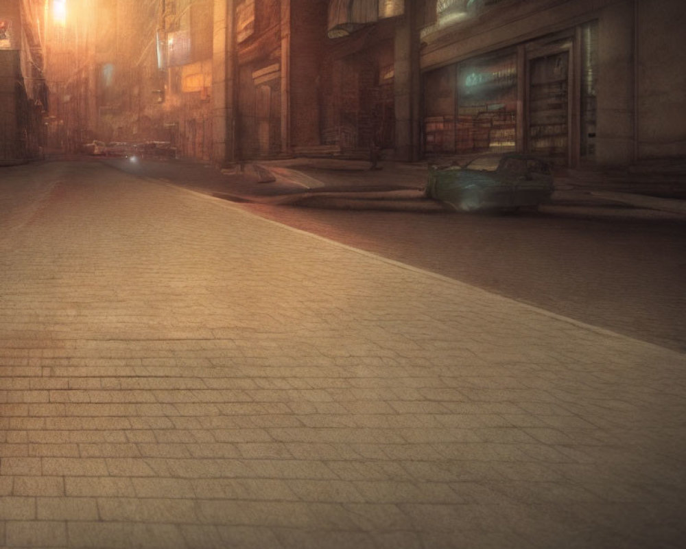 Foggy cobblestone street at night with warm glowing lights