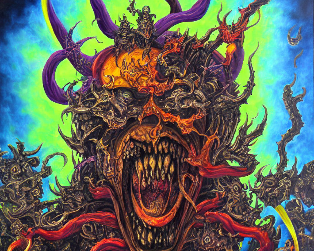 Vibrant chaotic artwork: monstrous entity, demonic figures, sharp tendrils, open maw,