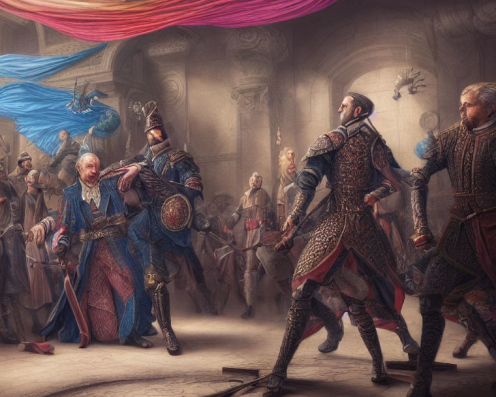 Medieval hall with elegantly dressed individuals and armored men preparing for a duel