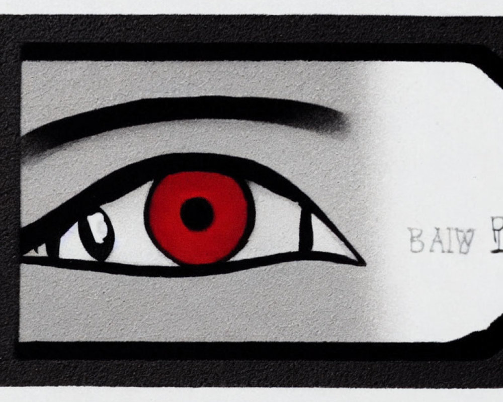 Stylized eye with bold red iris in black and white pattern