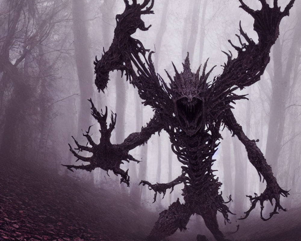 Monstrous tree creature in foggy forest with fallen leaves