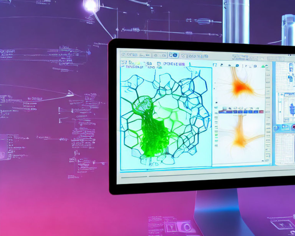 Complex 3D Molecular Structure and Data Analysis Graphs on Computer Monitor