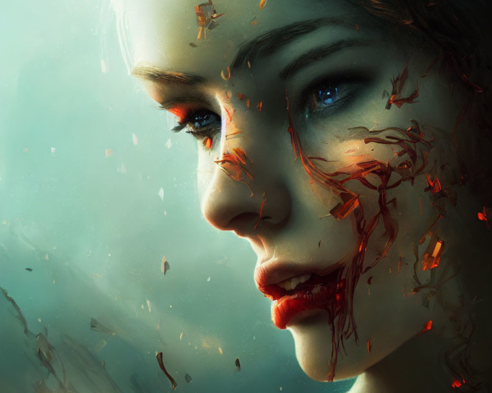 Digital artwork featuring woman with blue eyes and disintegrating face.