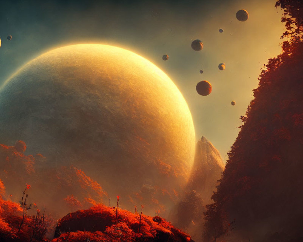 Surreal landscape with giant planet, autumn foliage, and rocky peaks