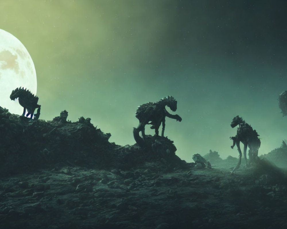 Mysterious creatures with glowing eyes in moonlit landscape