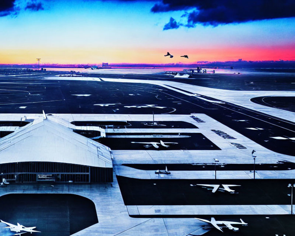 Twilight airport scene with colorful sky, parked aircraft, and flying birds