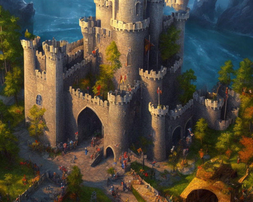 Medieval castle with towers and battlements in lush landscape