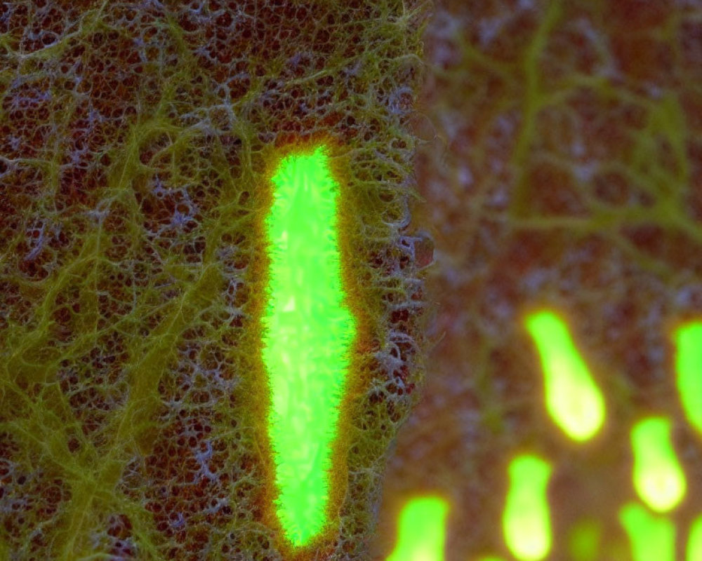 Vibrant green fluorescent pattern on sponge-like texture