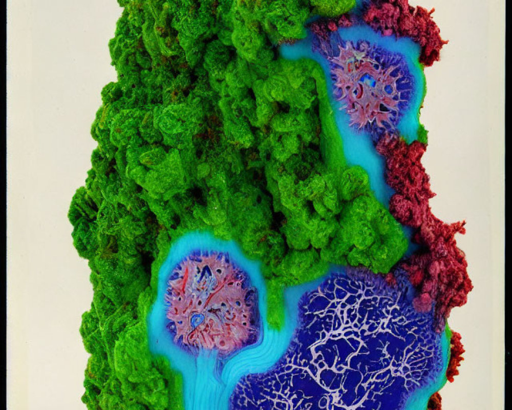 Colorful Mineral Cross-Section with Textured Green, Blue, and Red Areas