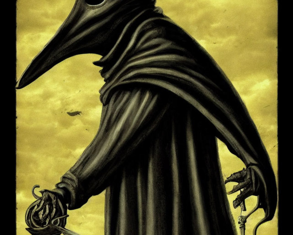 Plague Doctor Illustration in Beaked Mask and Dark Robes