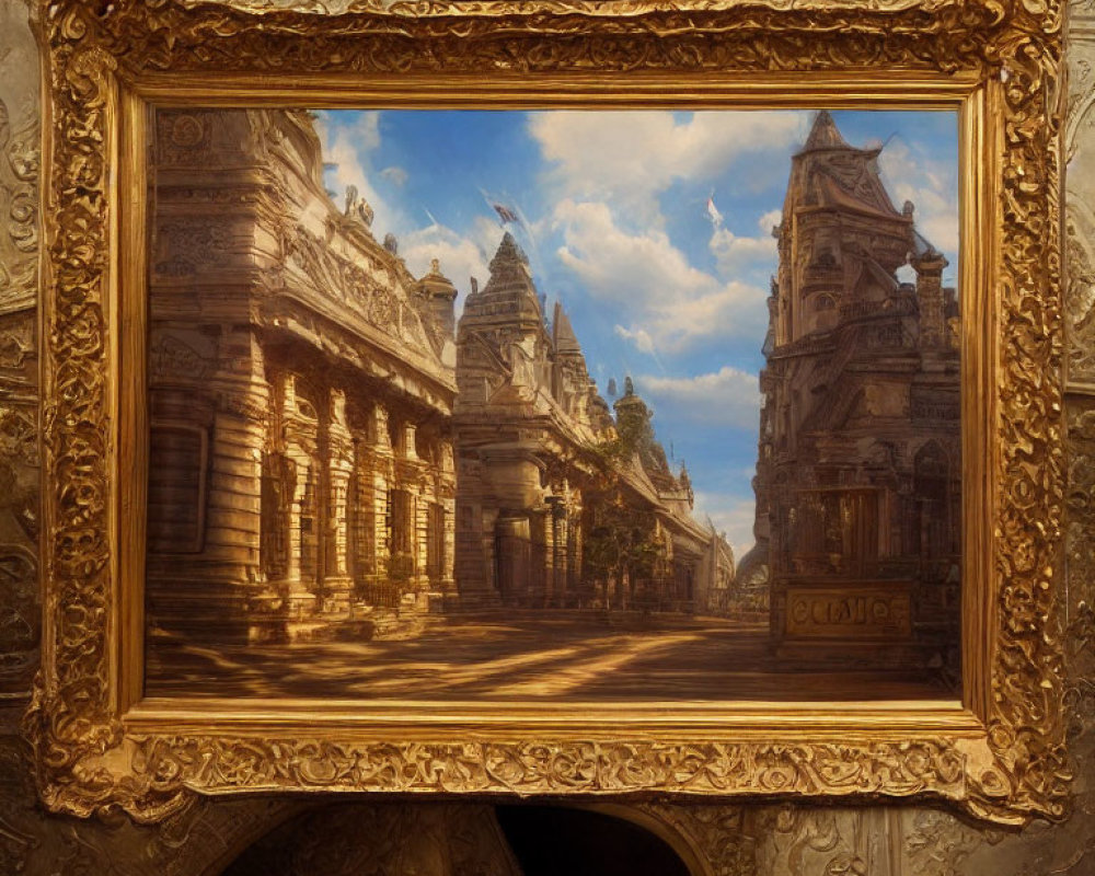 Golden frame surrounds sunlit temple street painting with birds flying.