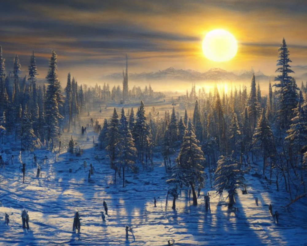 Snow-covered trees and frosty meadow in serene winter sunrise