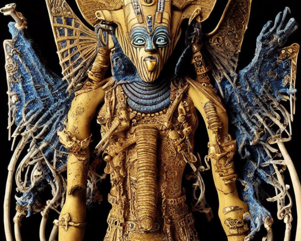 Detailed sculpture of fantastical figure with multiple arms, ornate headdress, and intricate armor on dark