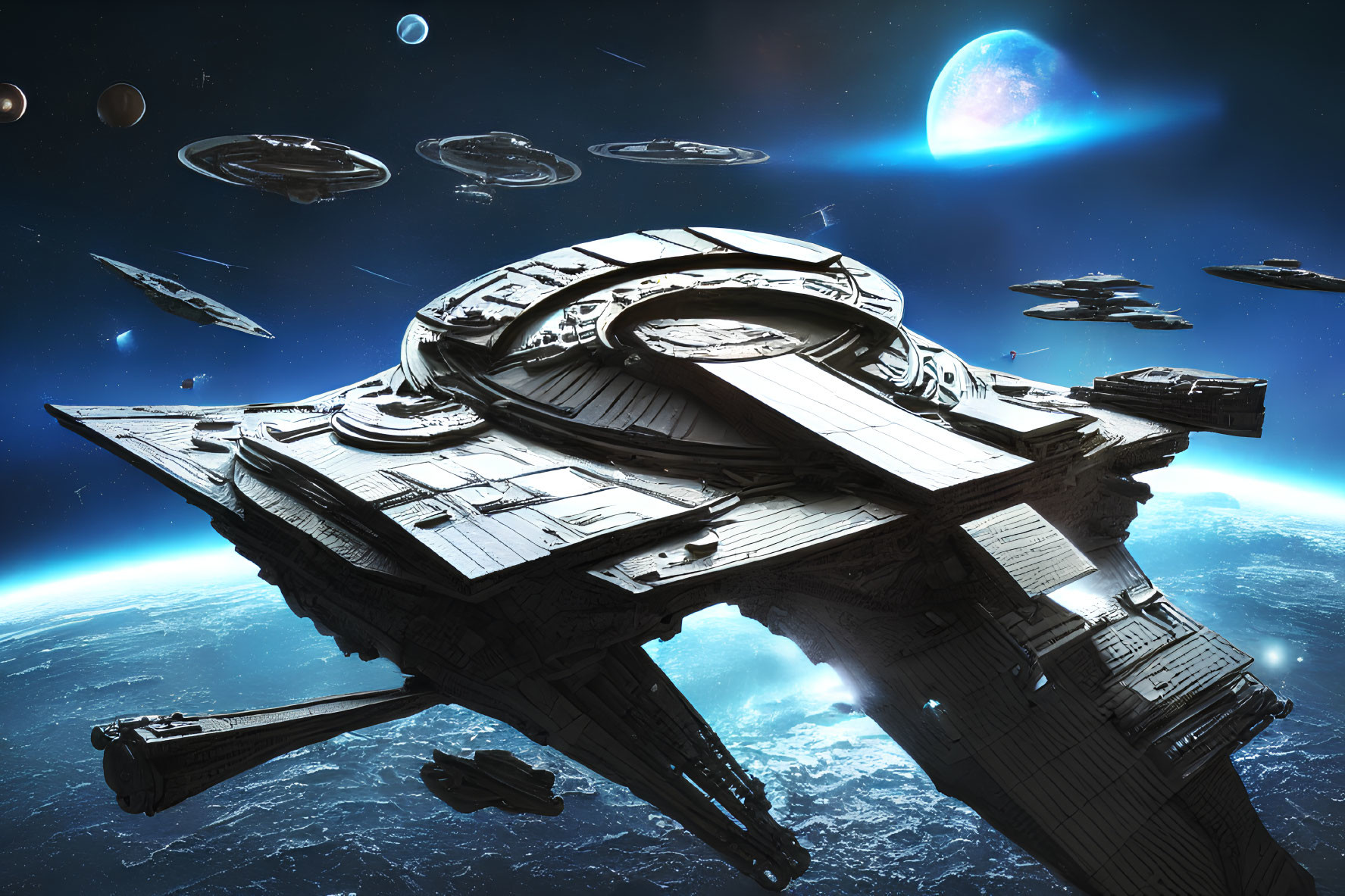 Detailed Digital Artwork: Massive Spaceship Surrounded by Fleet in Space