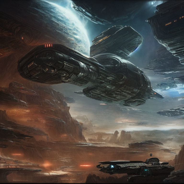 Futuristic space vessels above rocky alien landscape