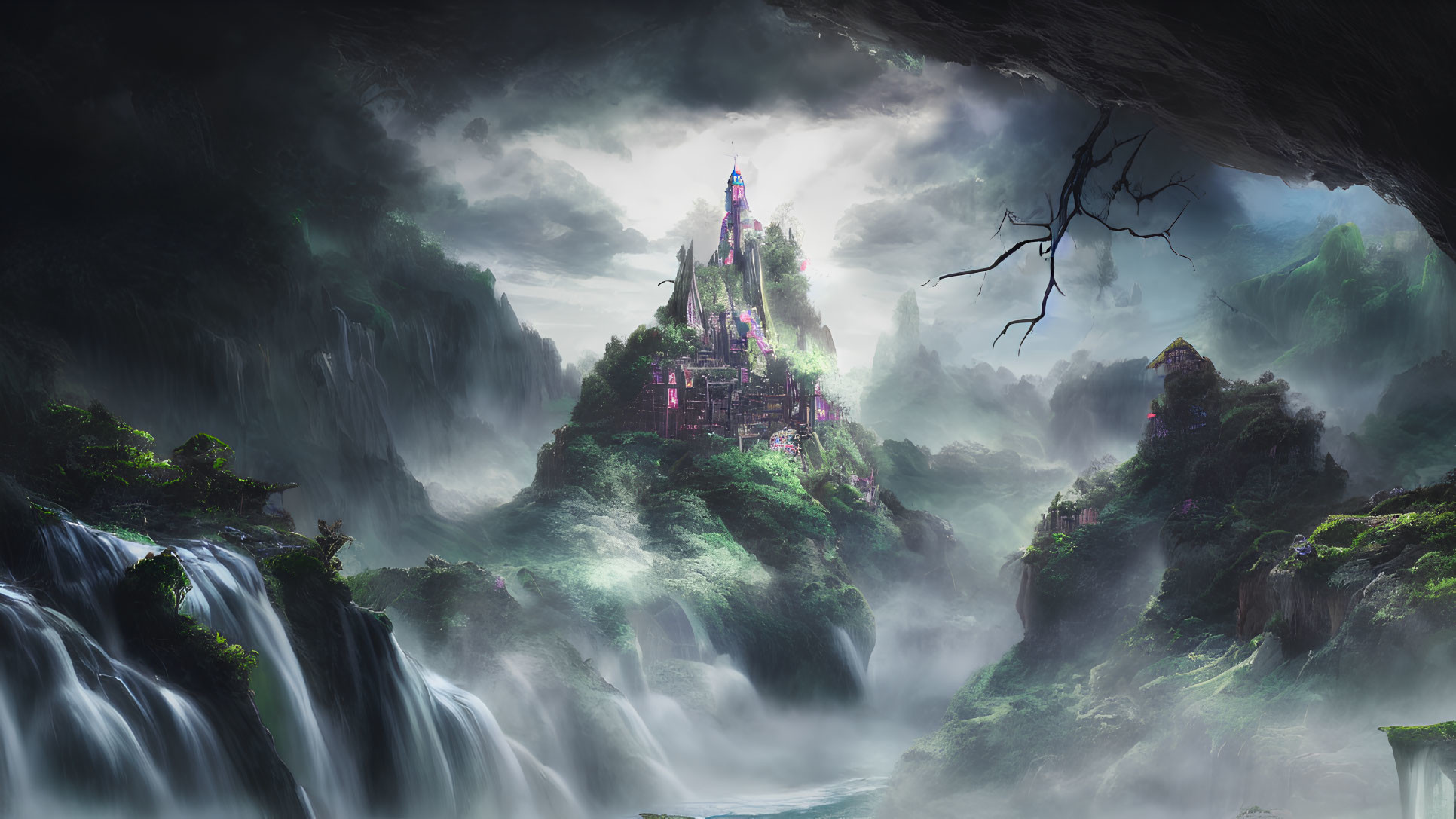 Majestic castle on hill surrounded by waterfalls in mystical landscape