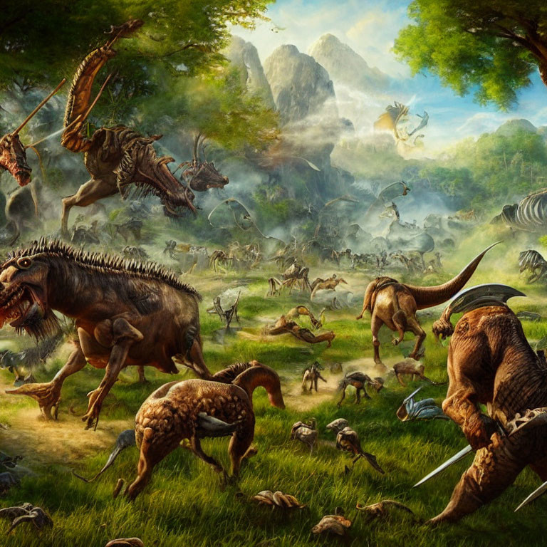 Prehistoric dinosaurs in lush green landscape with misty mountains