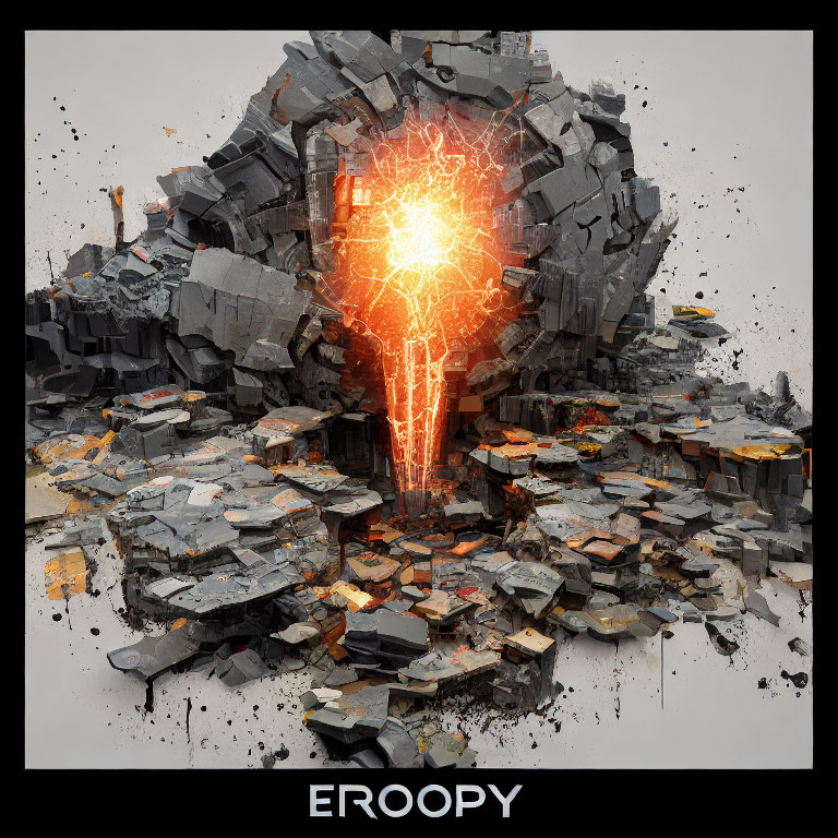 Digital artwork of fiery rift in fragmented sphere with "EROOPY