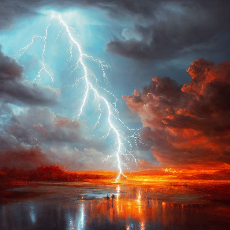 Dramatic sky with lightning over serene water and fiery clouds