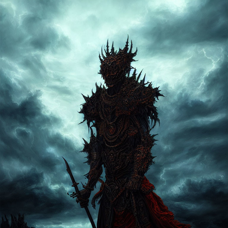 Fantasy armored figure with spear under tumultuous sky