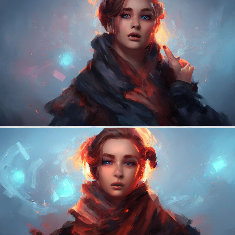 Digital painting of person with blue eyes & red hair in dark cloak with ethereal blue glow and em