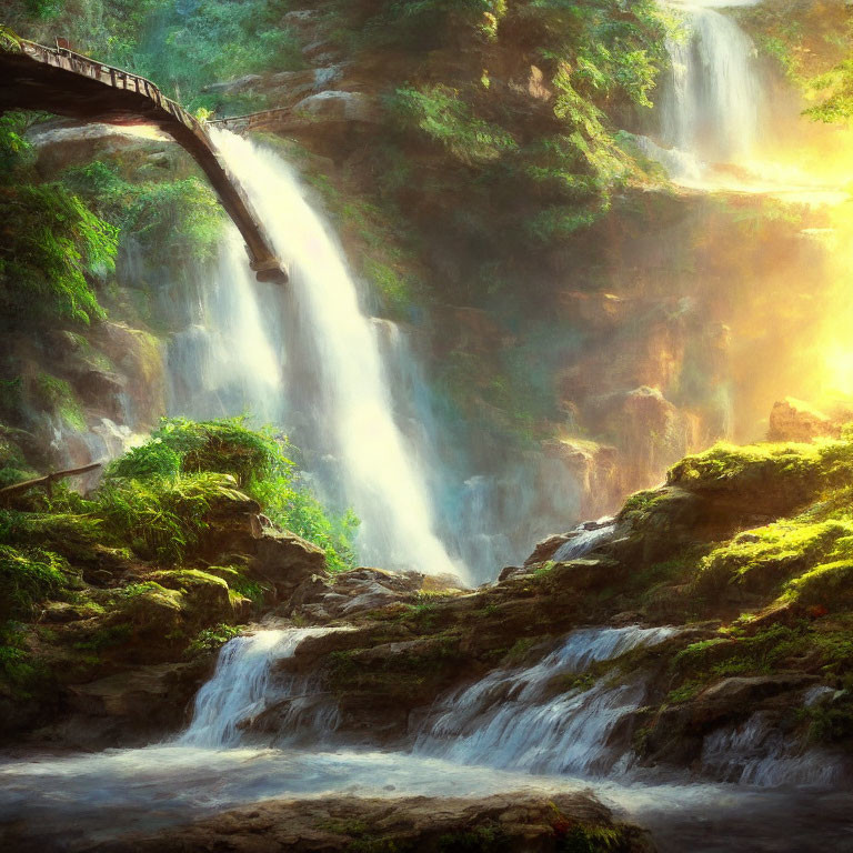 Tranquil forest waterfall with sunlight and wooden bridge