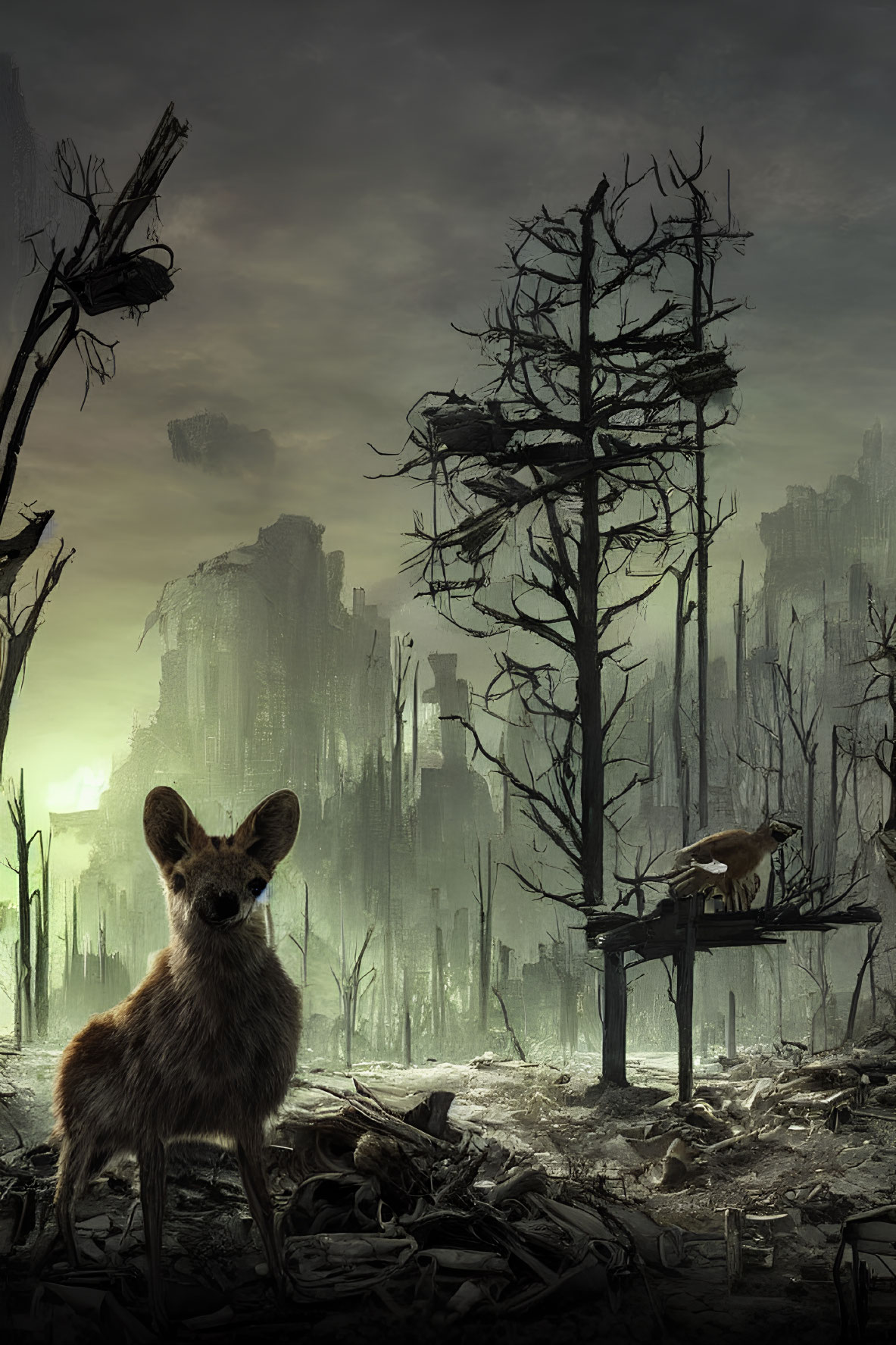 Fox in post-apocalyptic landscape with dead trees and ruins under gloomy sky