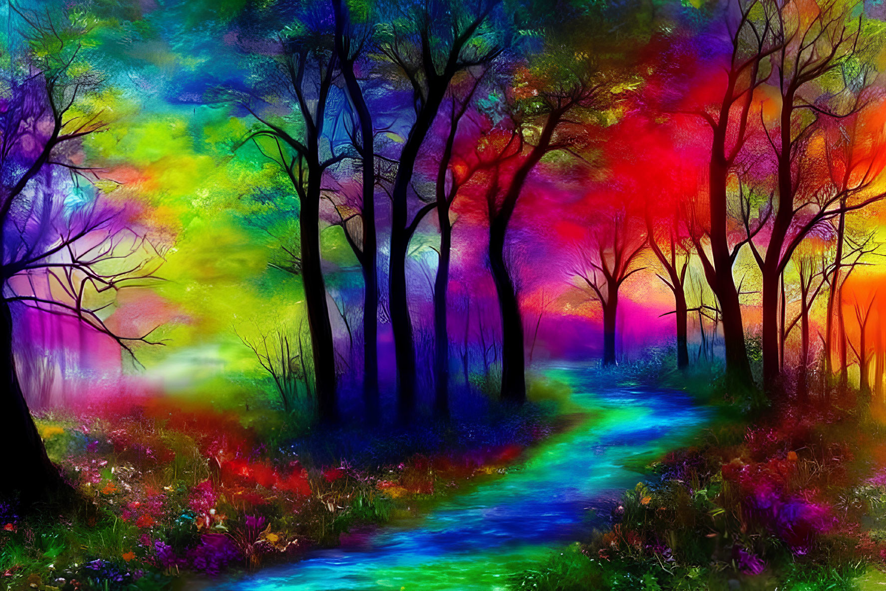 Vivid digital painting: Mystical forest path in rainbow colors