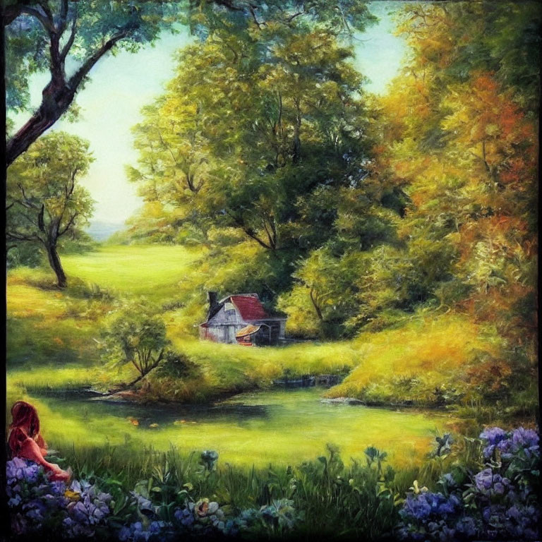 Tranquil painting of girl by pond with lush greenery and quaint house