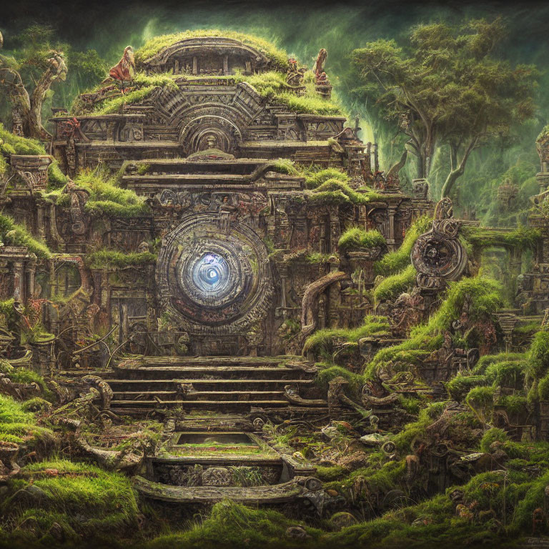 Mystic temple with moss, stone carvings, and luminous portal