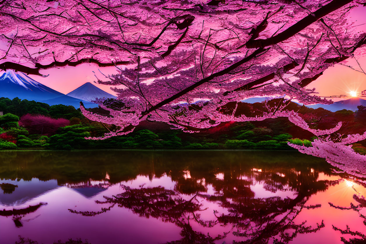 Pink Cherry Blossoms Surround Tranquil Lake at Sunset with Mount Fuji Silhouette