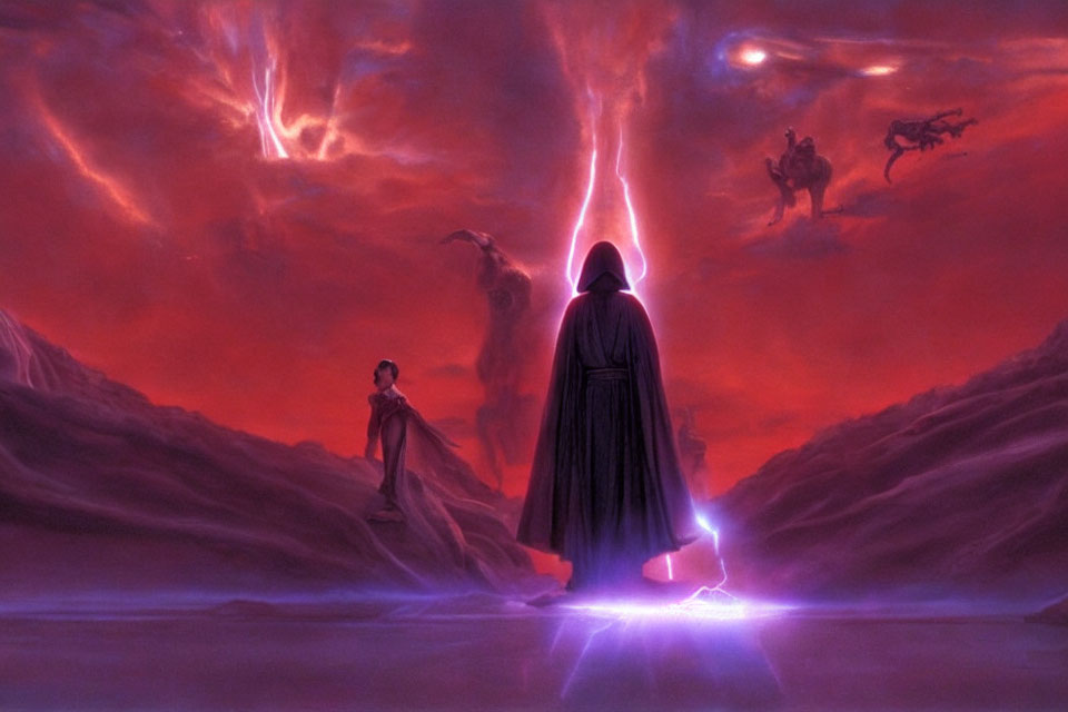 Lightsaber duel on volcanic landscape with stormy sky and flying creature