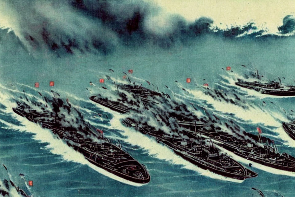 Vintage Japanese Artwork: Fleet of Ships in Turbulent Ocean