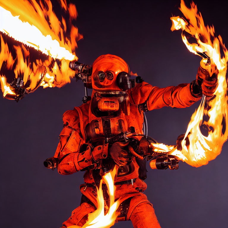 Person in protective suit manipulates fire streams on dark background