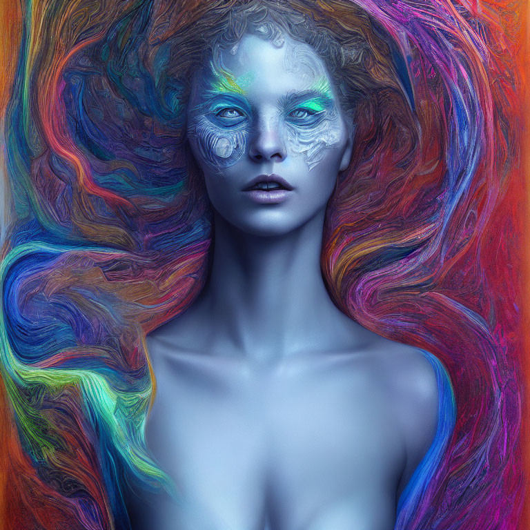 Colorful portrait of a person with blue skin and unique hair and eye patterns