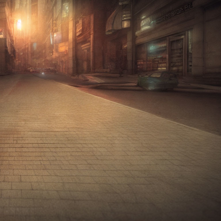 Foggy cobblestone street at night with warm glowing lights