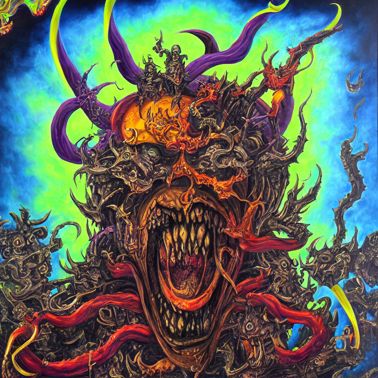 Vibrant chaotic artwork: monstrous entity, demonic figures, sharp tendrils, open maw,