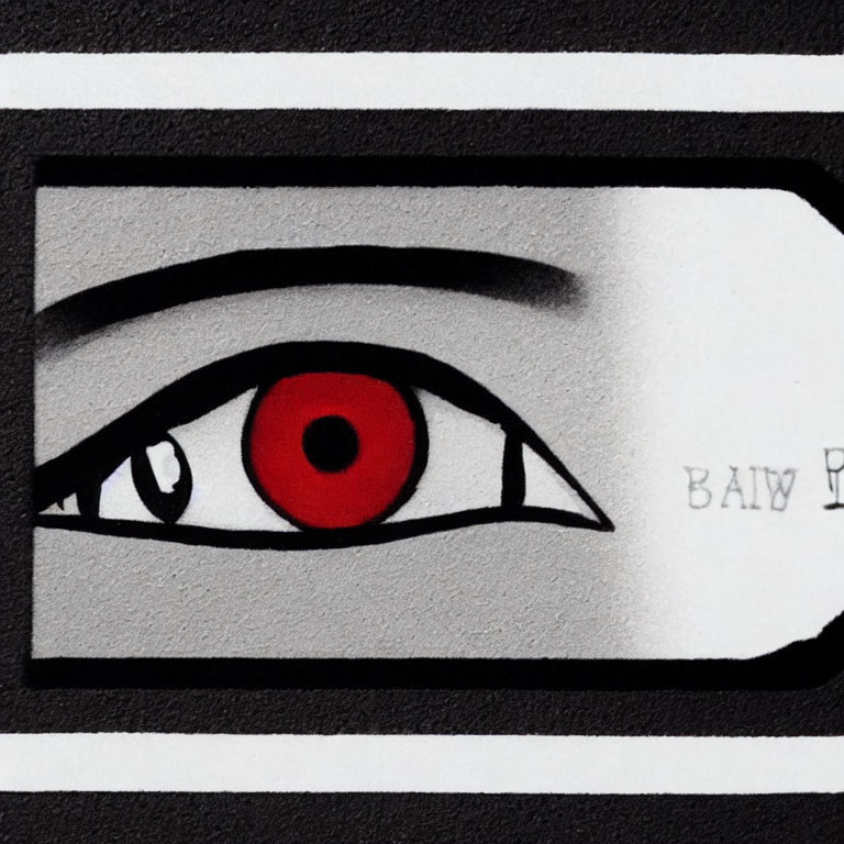 Stylized eye with bold red iris in black and white pattern